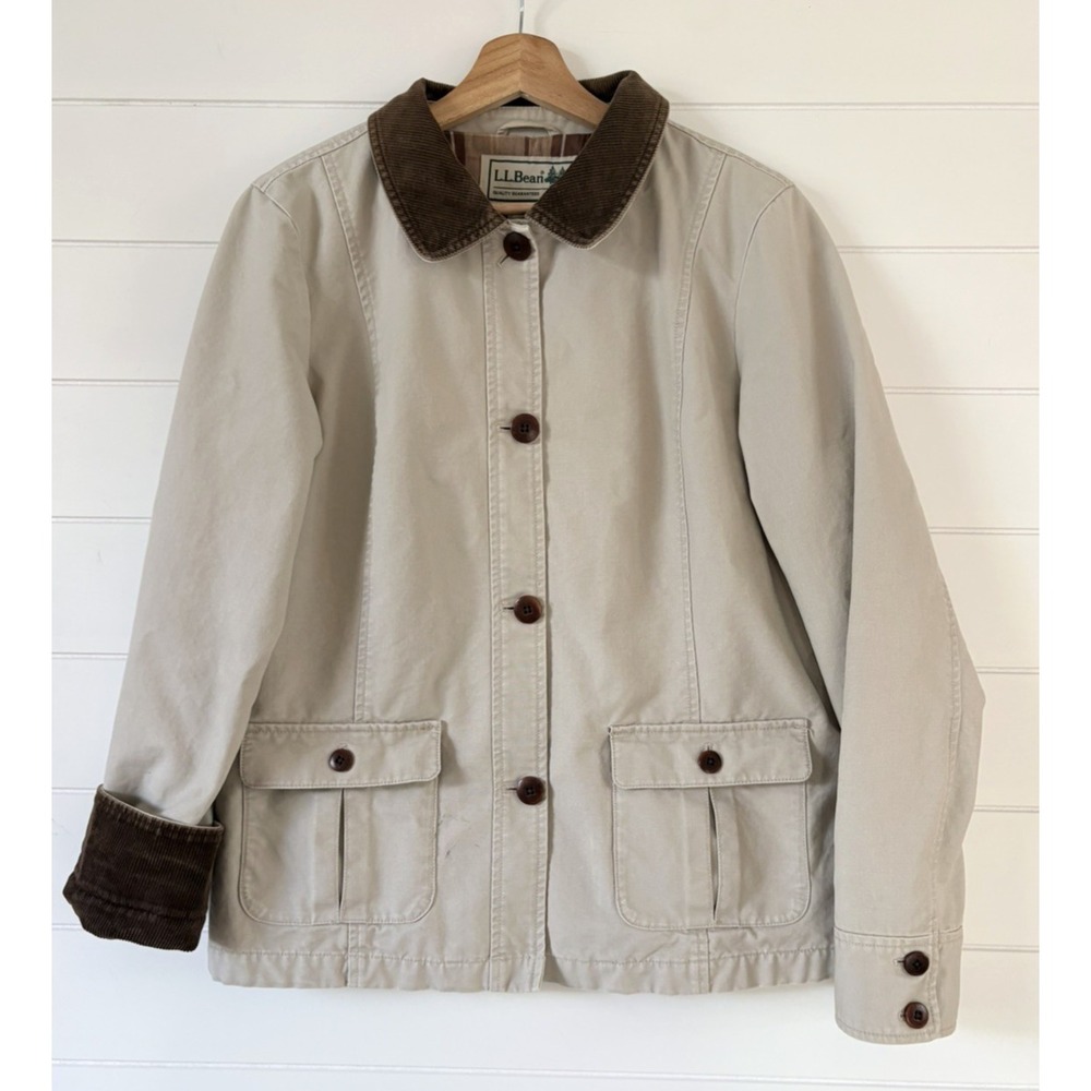 LL Bean Womens XL Chore Jacket Barn Coat Corduroy Collar Beige Plaid Flannel